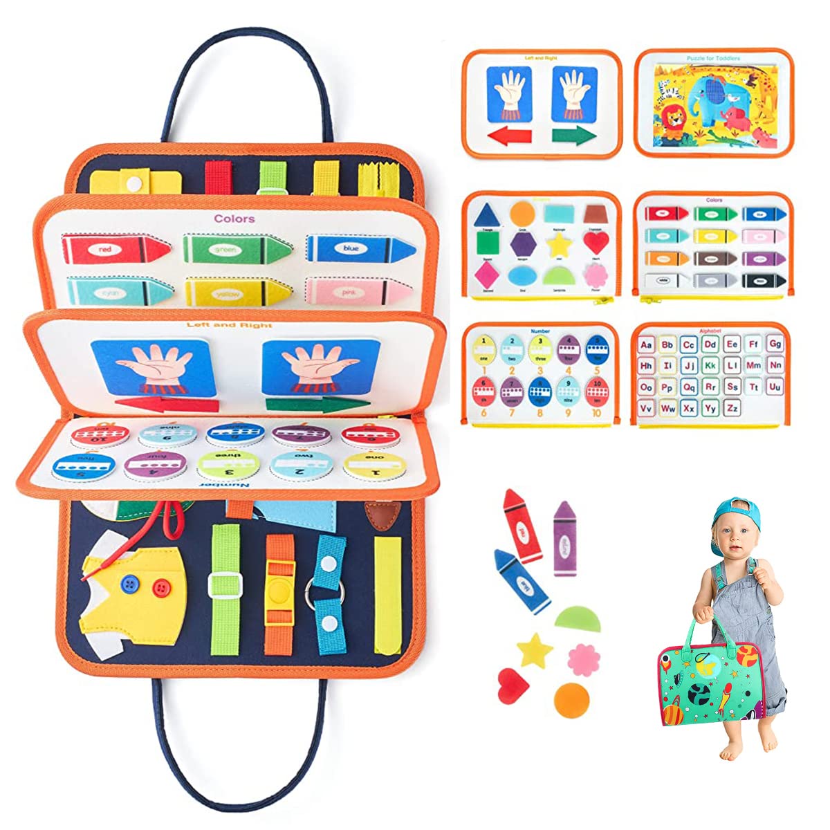 PATPAT® Carry Bag Busy Board for Kids Toddler Busy Board with 6 Themes Montessori Toy for 2-4 Years Olds Fine Motion Learning Toy Quiet Busy Board, Life Skill Learning Travel Toy, Chirdren Day Gift