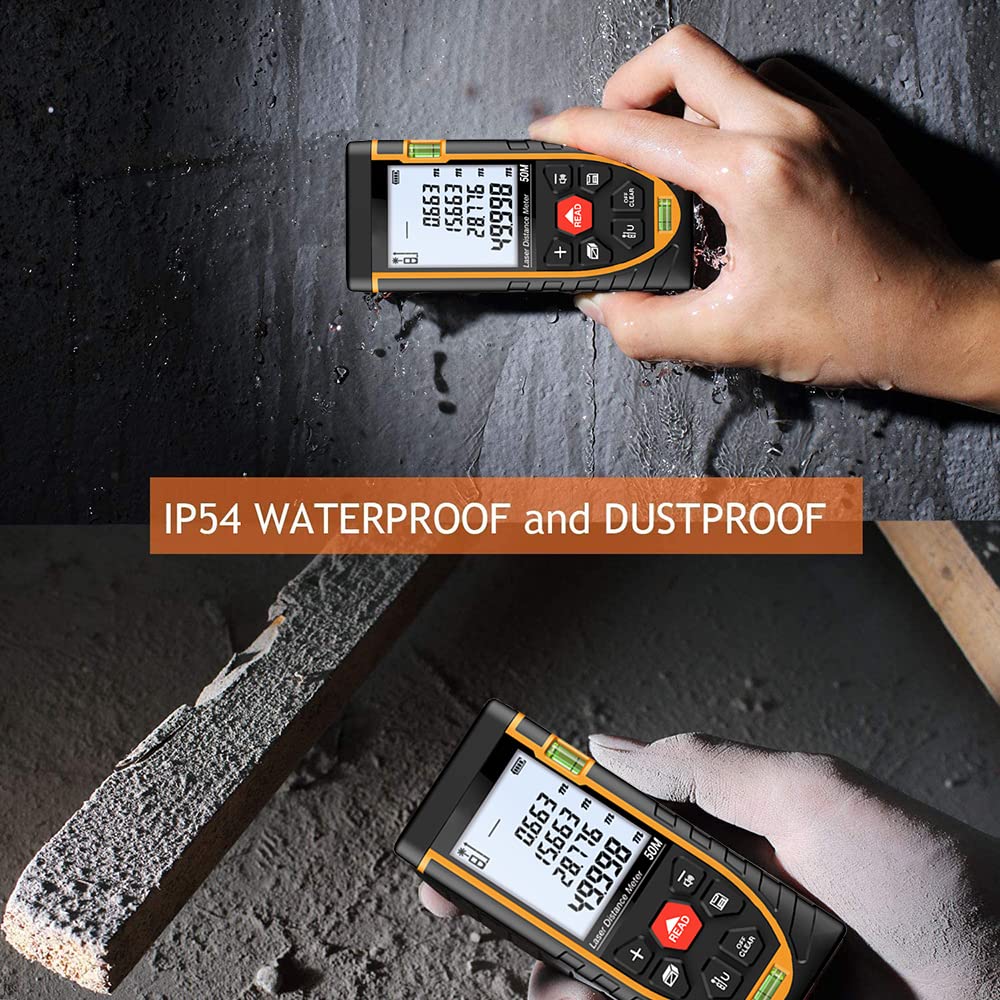 Serplex Laser Measure Device for Indoor and Outdoor Use with Dual Bubble Levels and LCD | 165ft Range ±2mm Precision IP54 Waterproof