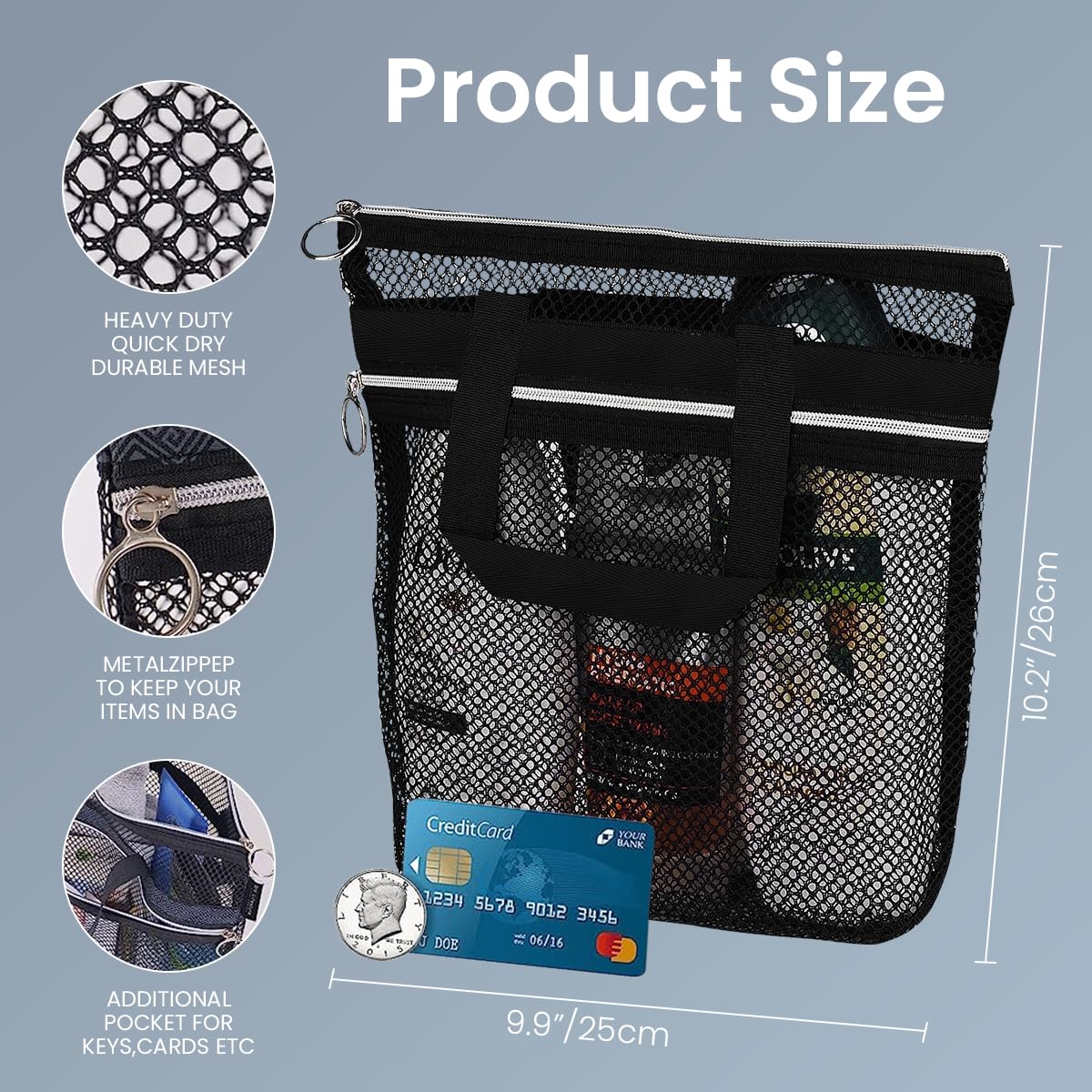 HASTHIP® Mesh Shower Caddy, 10.2x9.9'' Shower Mesh Caddy Tote Bag Quick Dry Hanging Toiletry and Bath Organizer for Travel and Swimming with Zipper