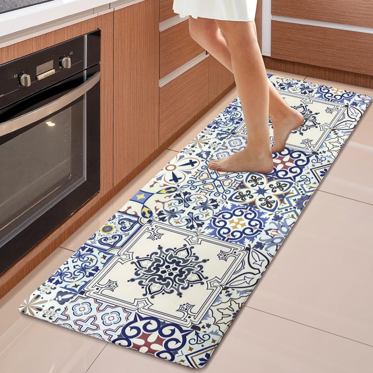 HASTHIP® 1PC Kitchen Anti Fatigue Mats for Floor Boho Waterproof Kitchen Rugs, Non Slip PV Cushioned Comfort Vintage Standing Floor Mats for Kitchen, Office, Sink, Laundry, 17