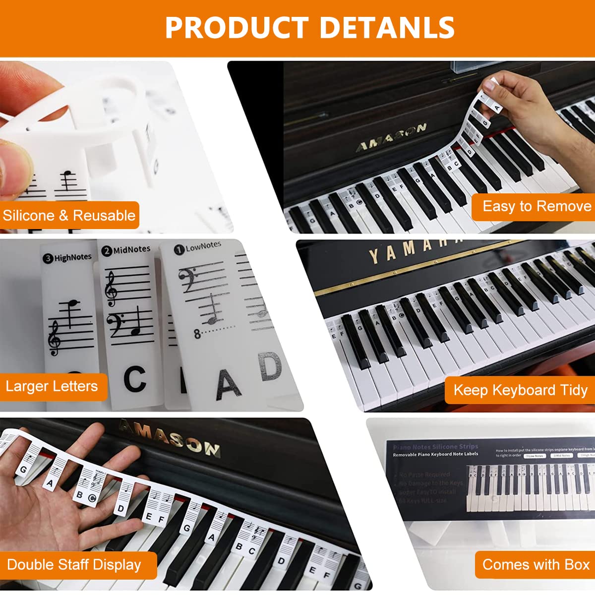 HASTHIP Piano Stickers for 88 Keys with Removable Silicone Design for Beginners Practice | Easy to Place and Remove
