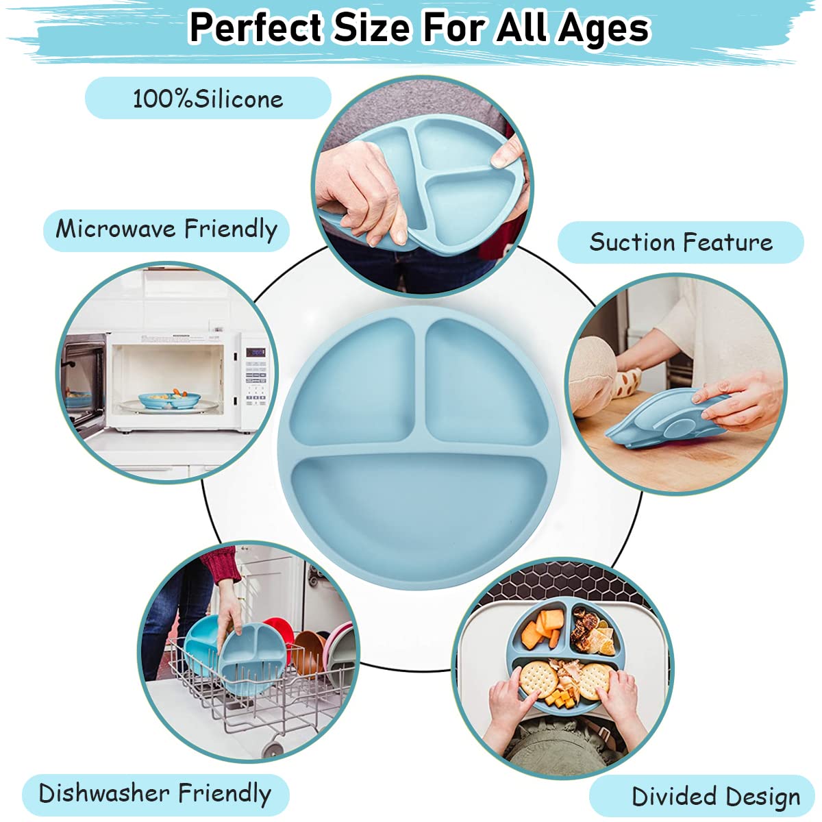 SNOWIE SOFT Baby Suction Plates for Baby Feeding with 4 Strong Suction Cups, Silicone Toddler Plates with Deep Divided for Kids to Feed Themselves, Dish Washer & Micro-Wave Oven Safe (Blue)