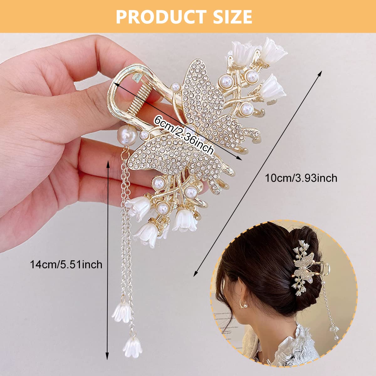 PALAY Hair Clips for Women with Butterfly Tassel Design and Golden Alloy Clutcher | Rhinestone Decorative Barrette for Thick Hair