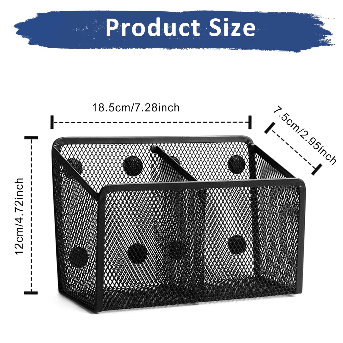 Climberty Magnetic Pencil Holder for Whiteboard with Dual Compartments and 8 Patches | Metal Mesh 18.5x6.8x10cm