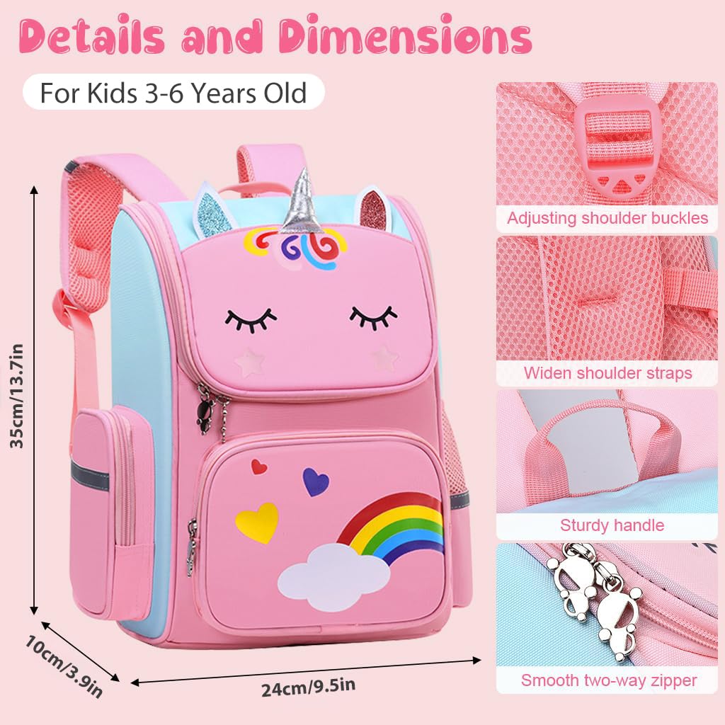 PALAY® Girls School Backpack Unicorn Cartoon Backpack Primary Bookbag Waterproof Backpack for School, Travel, Camping, Burden-relief Backpack School Gift for Kids 3-6 Years Old