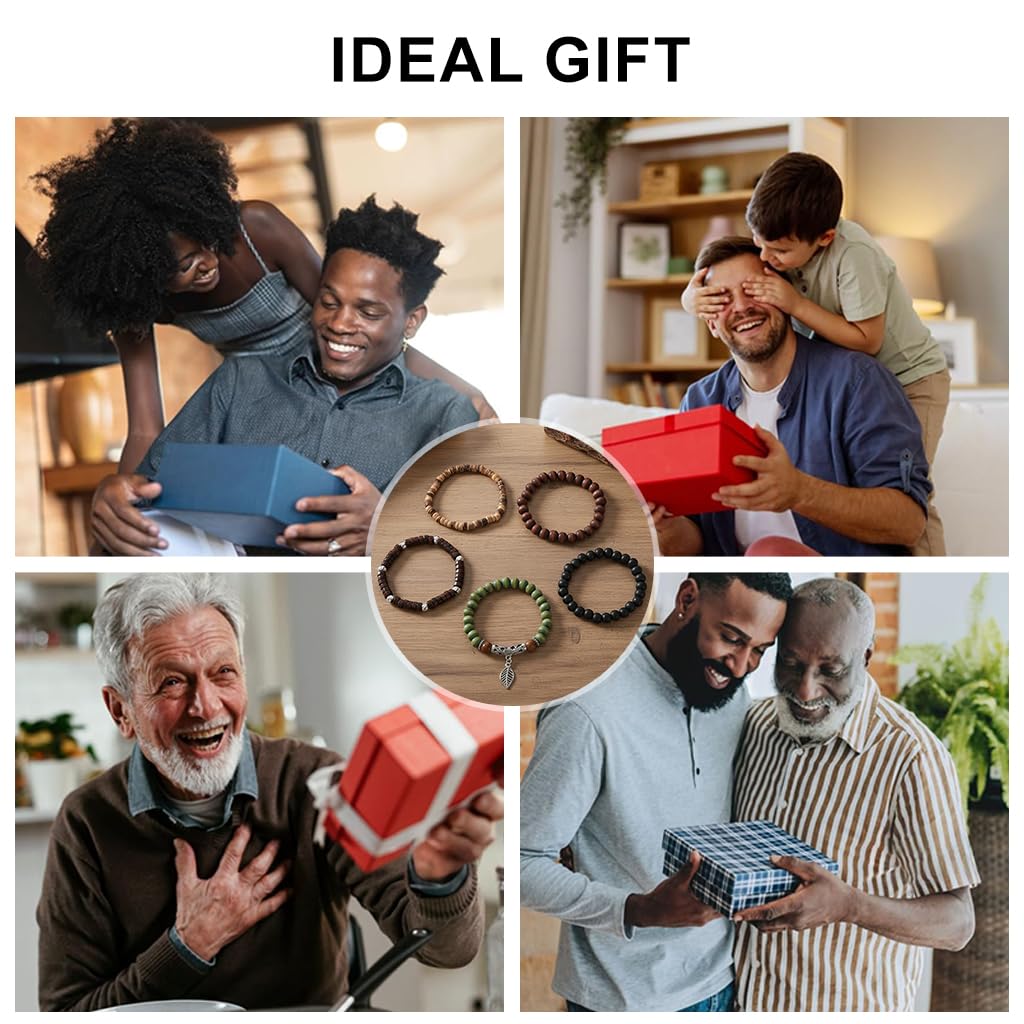 GUSTAVE Multi Layer Beaded Bracelet Set for Daily Wear with Wooden Beads and Alloy Charms | 5 Piece Boho Jewelry for Men and Women