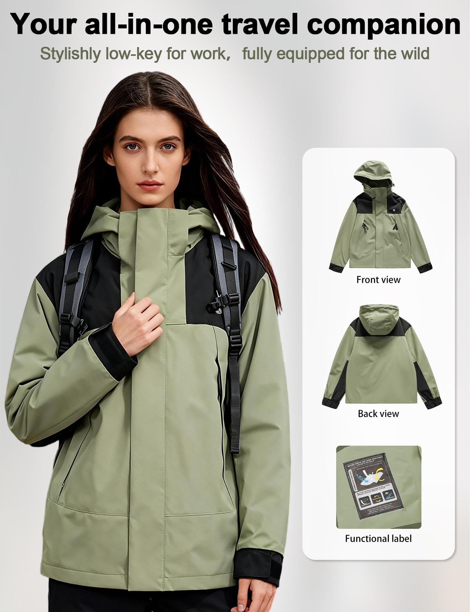 Venzina Womens Hiking Jacket with Windproof Water and Oil Resistance | Green Slim Fit Coat