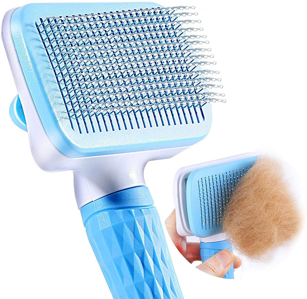 Qpets® Cat Dog Comb, 2 In 1 Dog Brush Self Cleaning Slicker Grooming Brush Pet Massage Comb Hair Removal Brush, Washable 140° Comb Teeth for Quick Removal of Floating Hair Cat Dog Hair Remover Brush