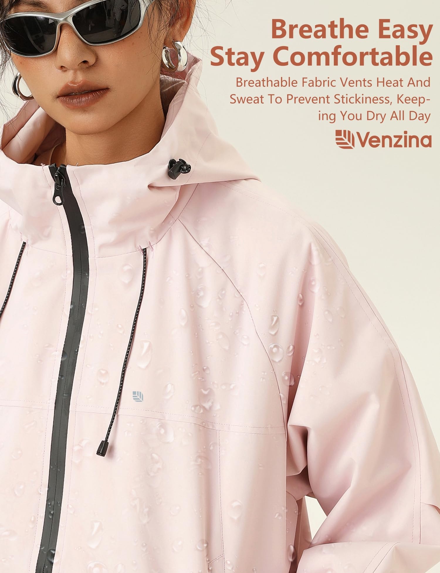 Venzina Women's Waterproof Jacket for Travel and Commuting with 75D Fabric | Windproof Hooded Pink Coat