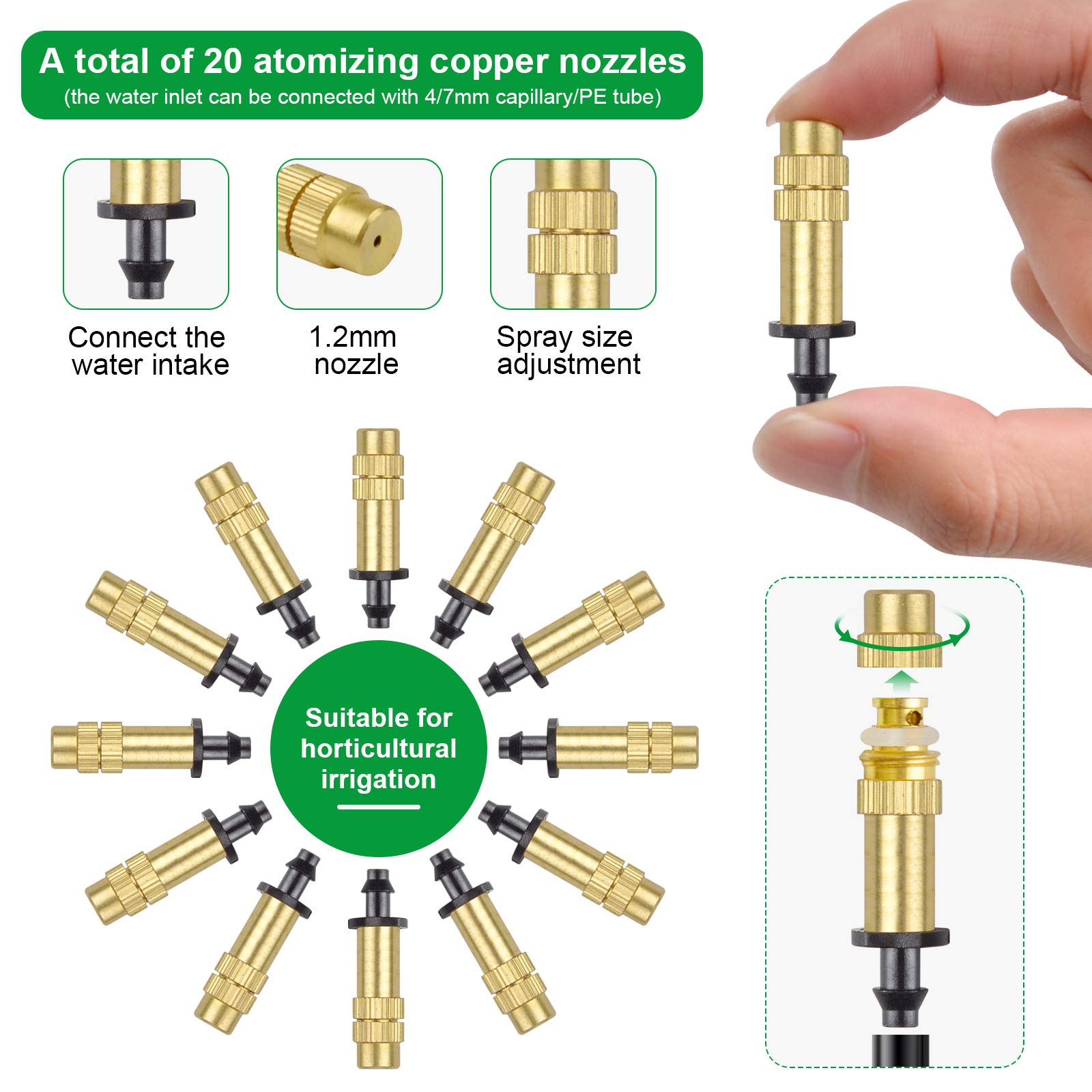 Serplex Adjustable Water Spray Nozzle 20PCS for Garden Cooling featuring Copper Emitter