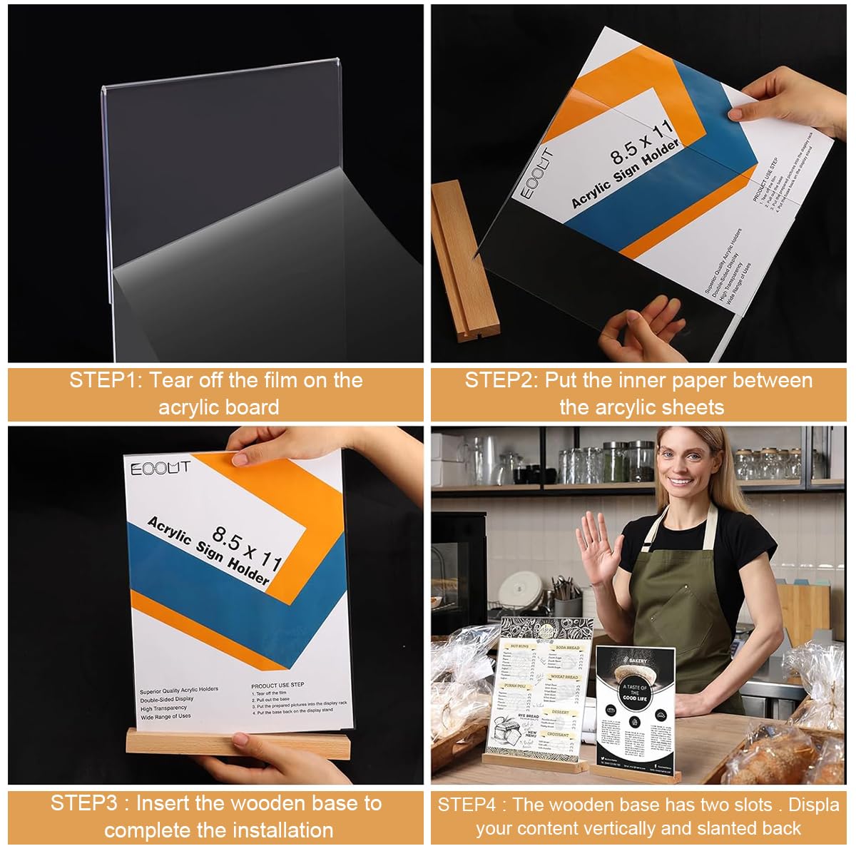 HASTHIP Acrylic Sign Holder for Table Menus with Double Sided Display | 3Pcs 5x7 in Wood Base