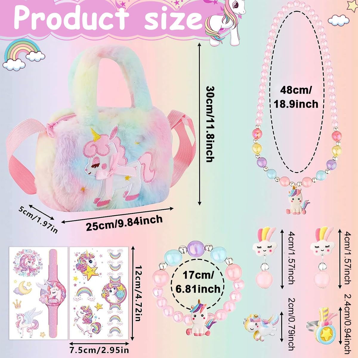 Venzina® Unicorn Crossbody Bag with Jewelry Set for Girls, Princess Plush Handbag Purse Beads Necklace Bracelet Earrings Rings and Stickers Kit, Kids Jewellery Party Dress up Gift