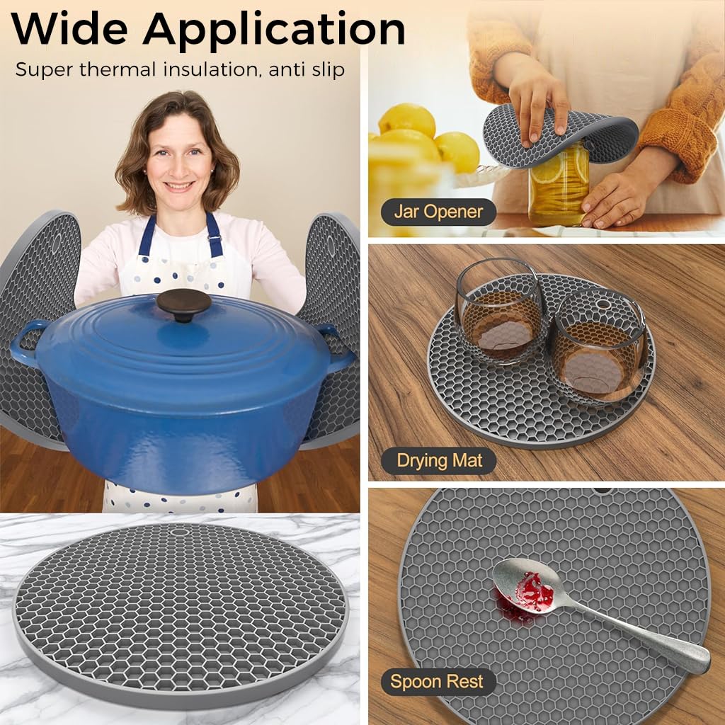 ZIBUYU® Trivets for Dining Table Round Silicone Trivet Mats for Kitchen Surface Protector Honeycomb Design Round Silicone Coaster for Hot Utensils, Cup, Hot Plate Mats for Kitchen (7 inch), Grey - 3