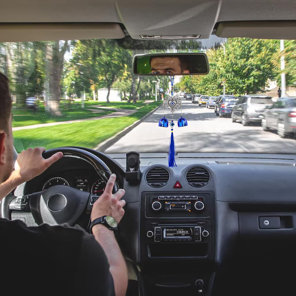 HASTHIP Door Hanging Bell for Home Decor featuring Dual Bells and Hollow Heart Evil Eye Charm