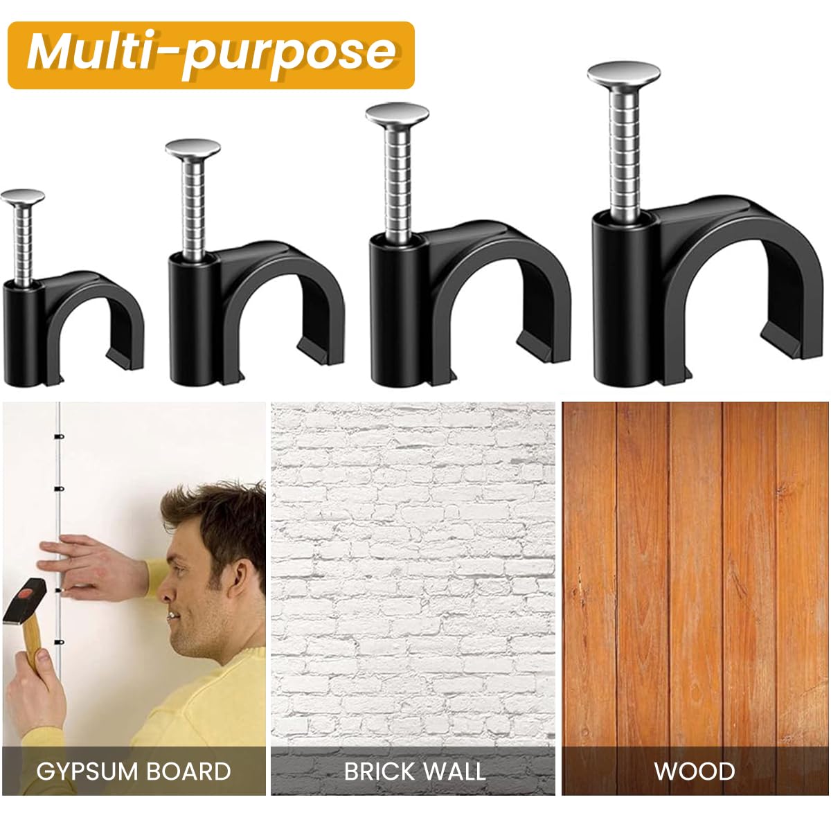 Supvox Wire Fastener Circle Cable Clips for Wall Use with Metal Nails 200 pcs 4–10 mm Black
