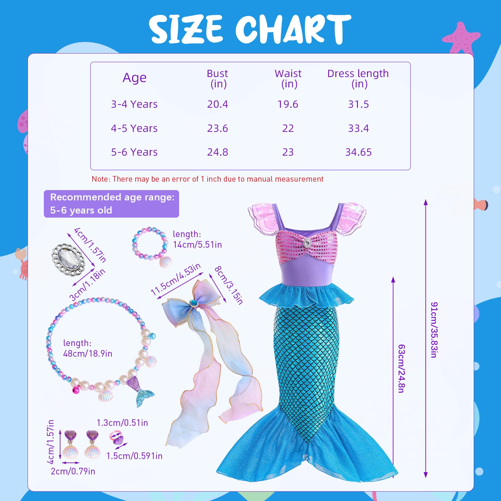 PATPAT Mermaid Dress for Girls with Matching Jewelry Set featuring Lace Tail Design | Navy and Purple Princess Outfit for 5–6 Years 85cm Length