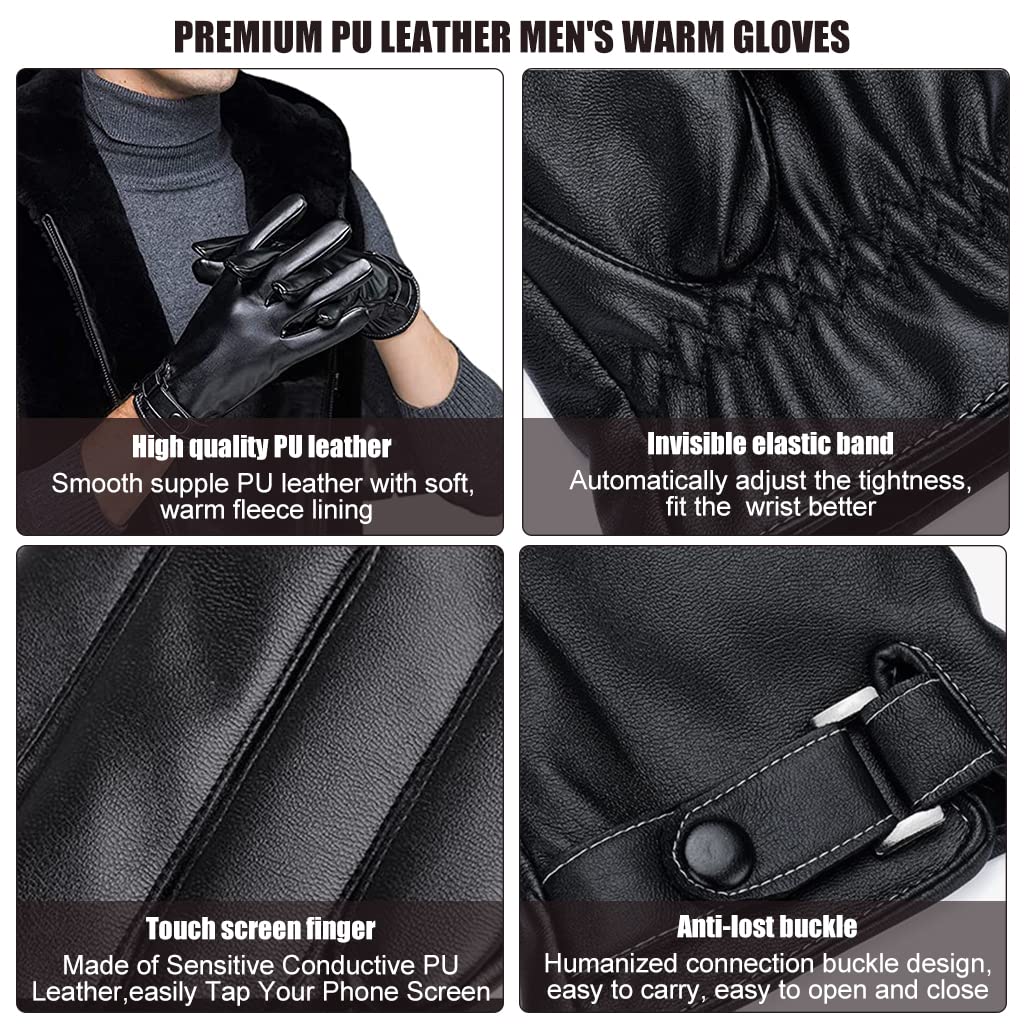 Proberos® PU Leather Winter Gloves for Men Fleece Warm Lining Touch Screen Fashion Driving Black Style 3 2PCS