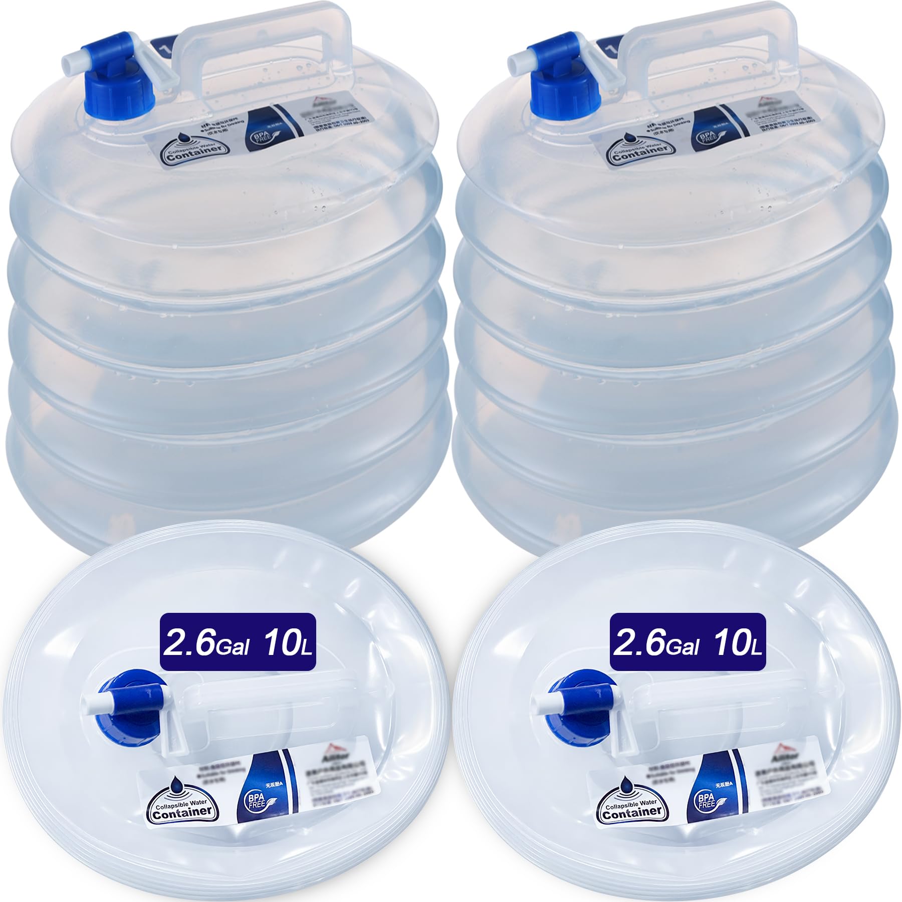 Proberos® Collapsible Water Containers 2Pcs, 10L/2.6 Gallon Portable Water Jugs with Valve & Handle, BPA-Free PE Water Storage for Camping & Car Trunk
