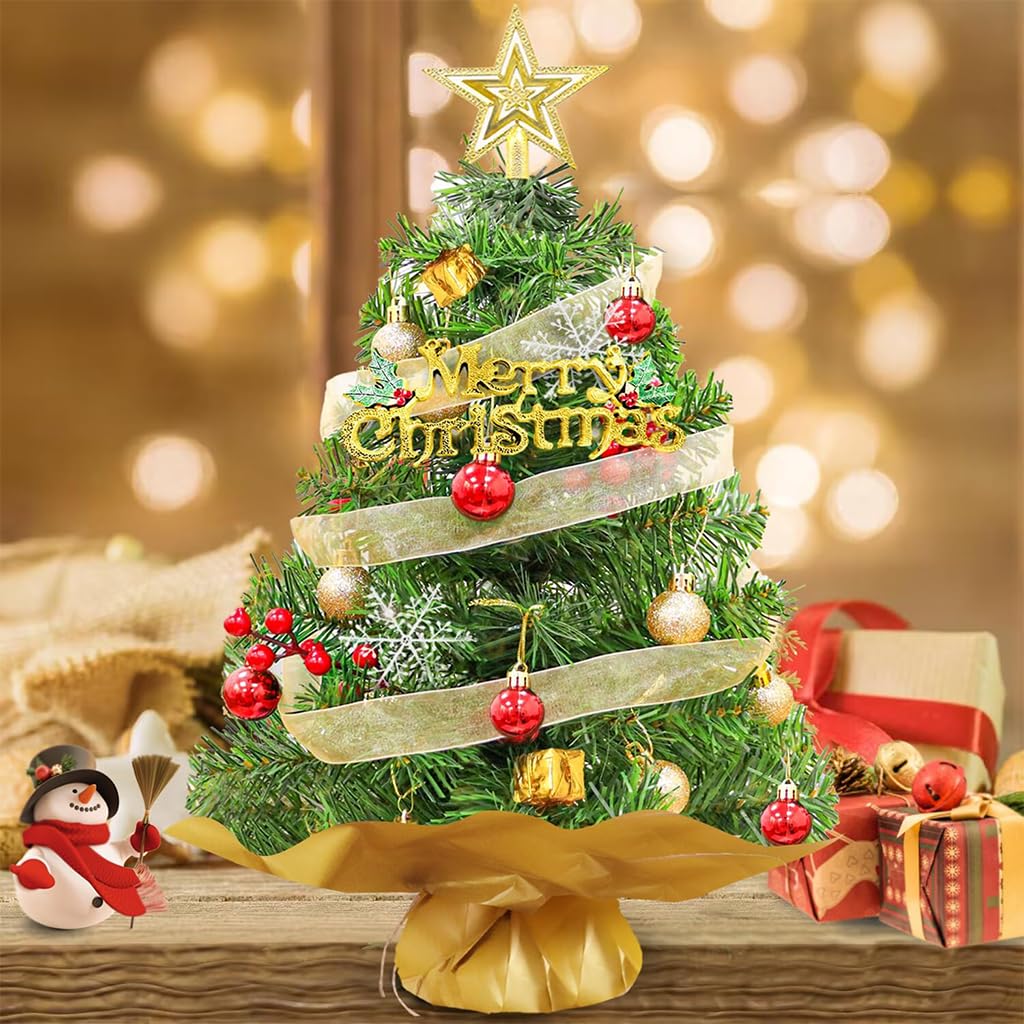 PATPAT Christmas Tree for Home Decor with 60 cm Height and Gold Fabric Wrapped Base | Includes Red and Gold Ornaments