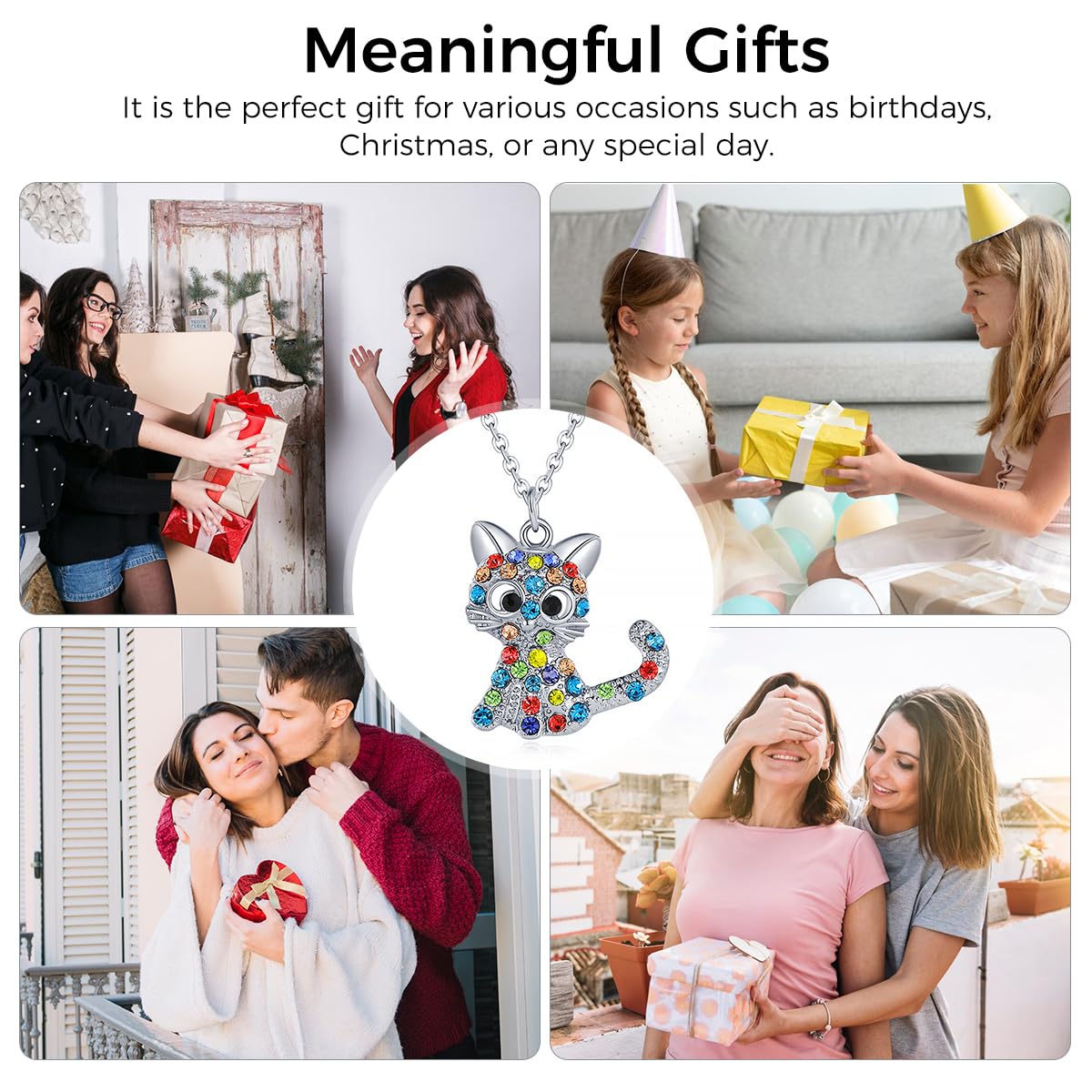 SANNIDHI Cat Necklace for Girls featuring 30mm Alloy Kitty Pendant with Rhinestones | Adjustable Chain