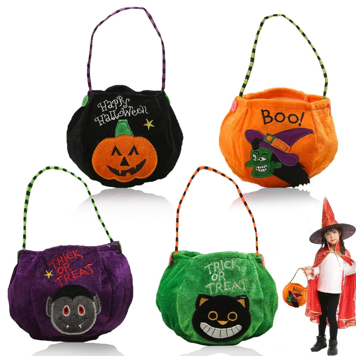 HASTHIP Halloween Candy Baskets for Kids with 20x13 cm Size and Velvet Fabric | Witch Cat Pumpkin Vampire Designs