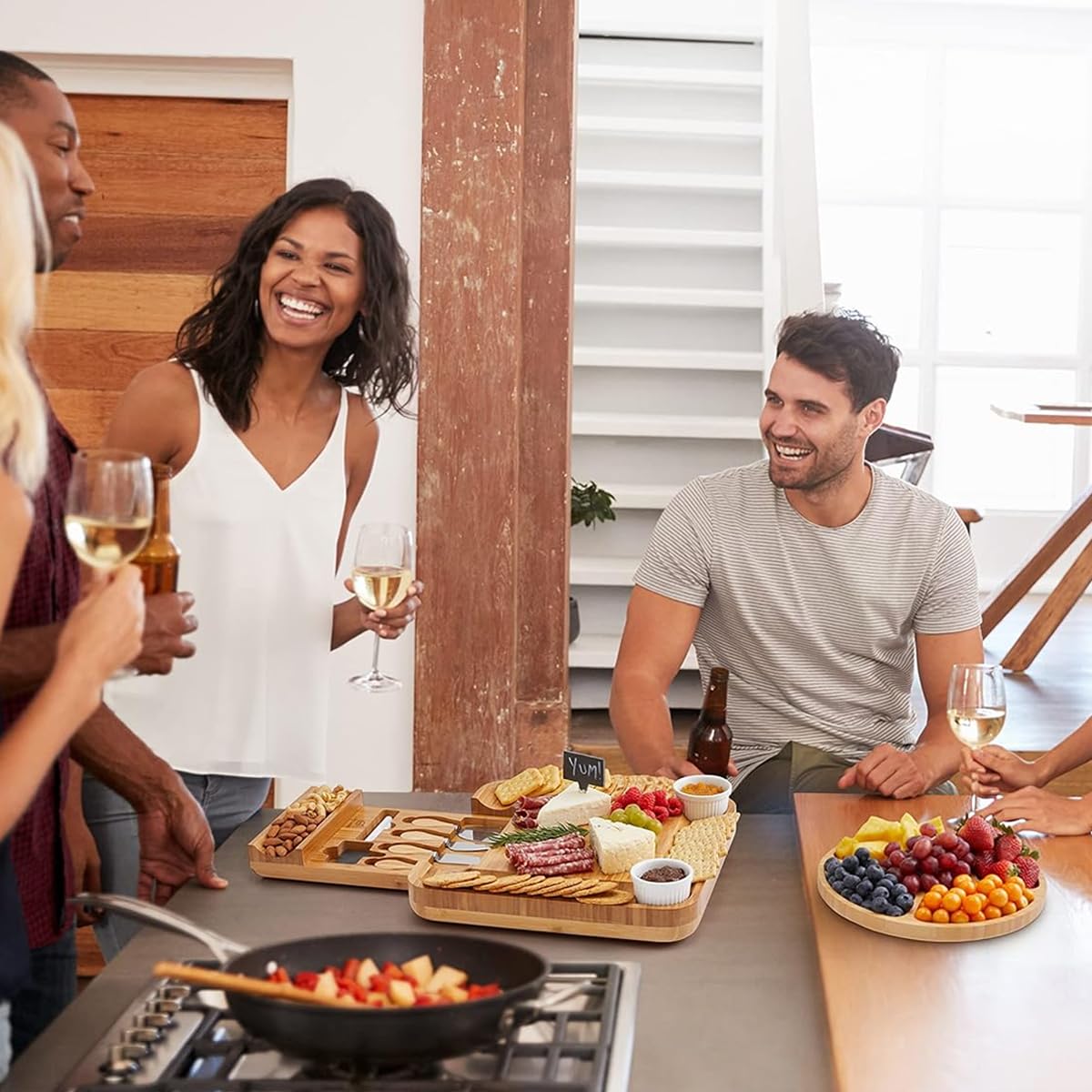 Supvox Bamboo Charcuterie Board Set for Parties with Knife Kit and Ceramic Bowls | 33cm Square Eco Serving Tray