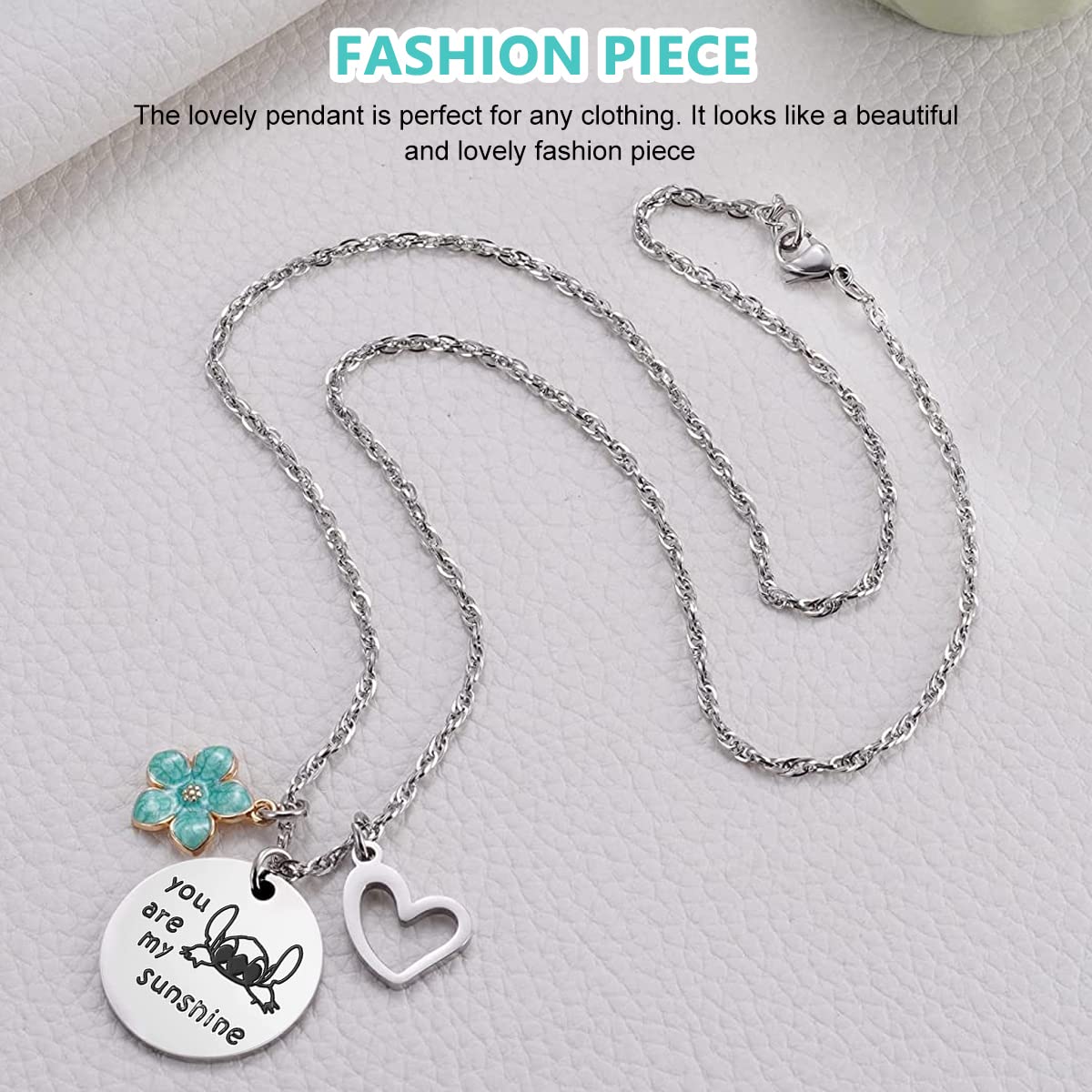 Venzina Stitch Necklace for Girls with Sakura and Heart Charms & Greeting Card Gift