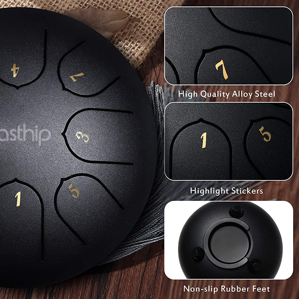 HASTHIP® Steel Tongue Drum 8 Note, 6 inch Percussion Instrument Handpan Drum with Bag, Music Book and Mallets for Kids and Adults Meditation Musical Education Concert Mind Healing Yoga (Black)