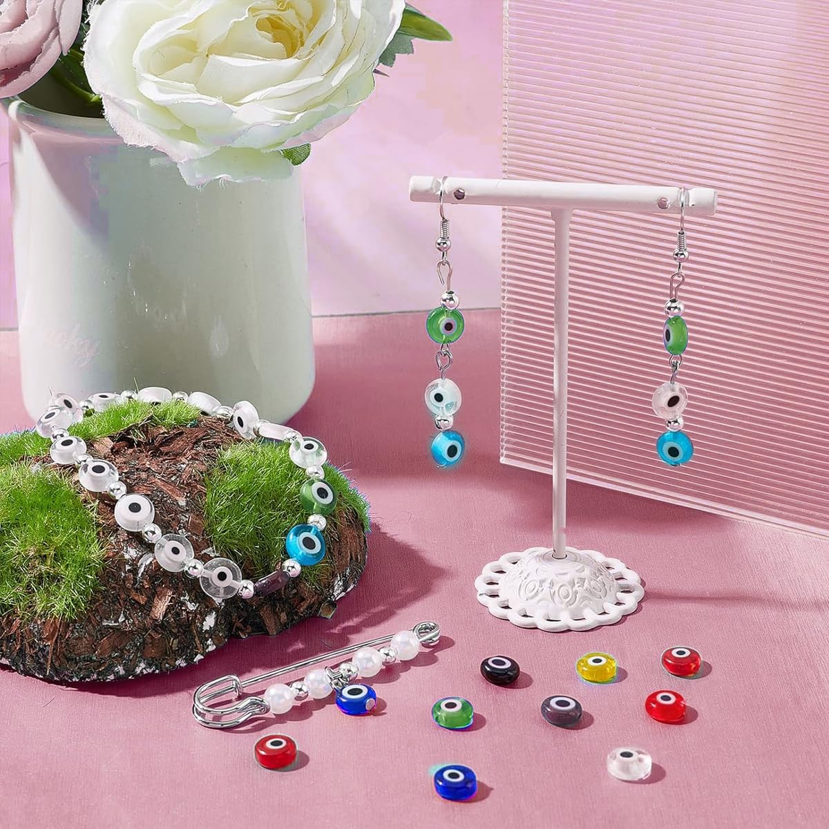 SANNIDHI Evil Eye Beads Kit for DIY Jewelry Making with 200 pcs 8 mm Resin Beads | 10 Colors and Elastic Strings Set