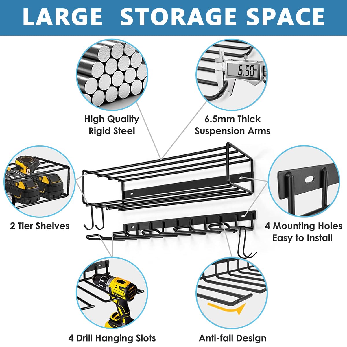 HASTHIP Electric Tool Organizer Rack for Garage with 3 Layer Wall Mount Steel Shelf | Holds 4 Drills and Up to 50 lbs