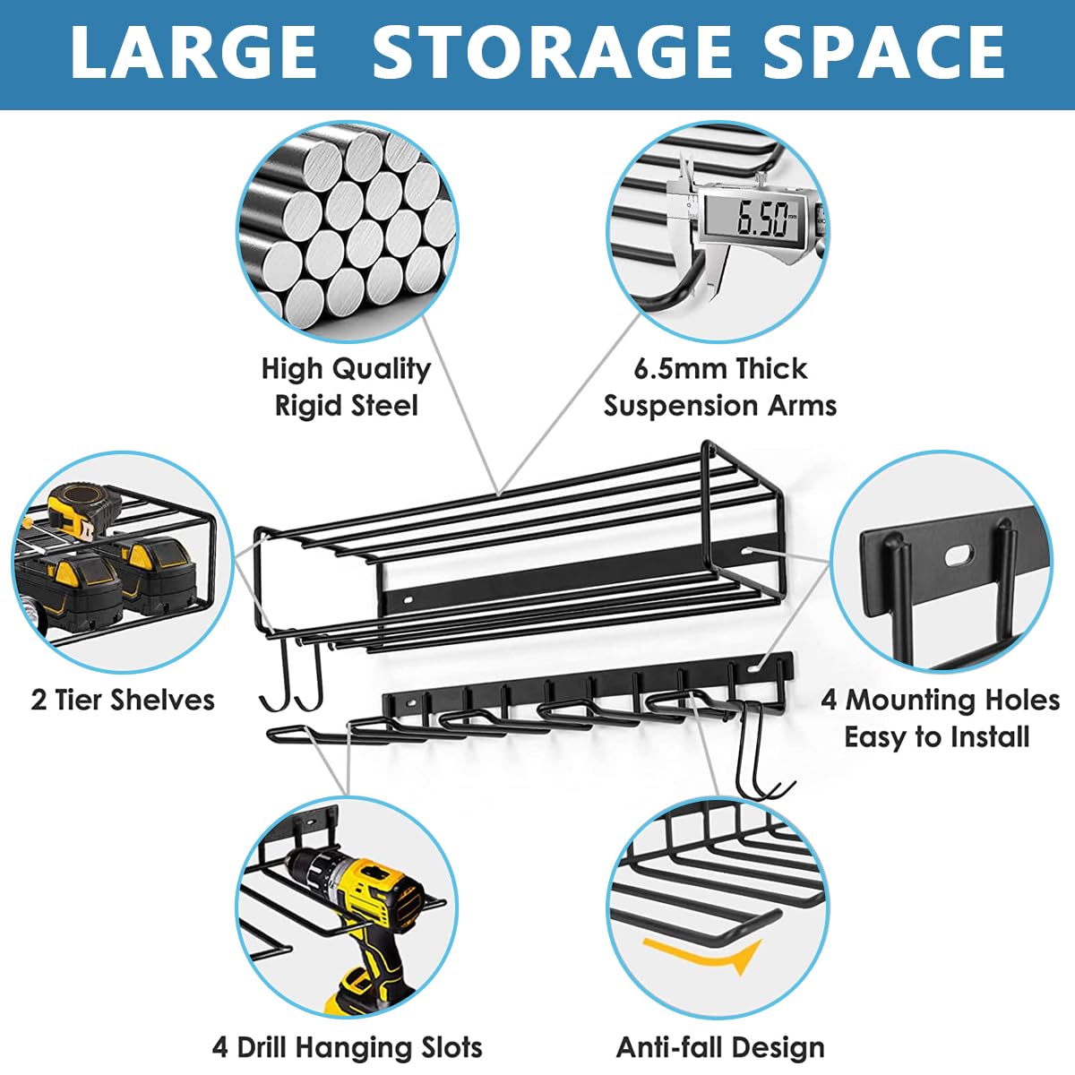 HASTHIP® Electric Tool Organizer Rack Wall Mount, Metal Heavy Duty Floating Tool Shelf, 3 Layers Cordless Drill Storage Rack, Screwdriver and Drill Holder, Battery Rack for Garage