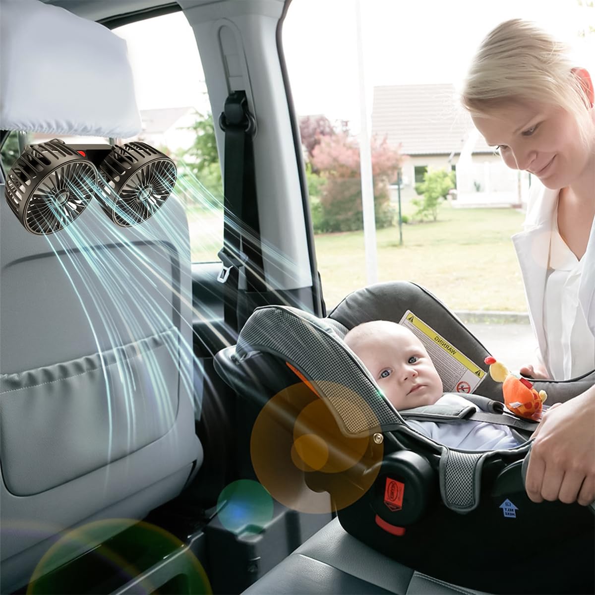 STHIRA Car Fan for Backseat Cooling with Dual Rotating Heads and 3 Speed USB Power | 360° Adjustable Headrest Mount