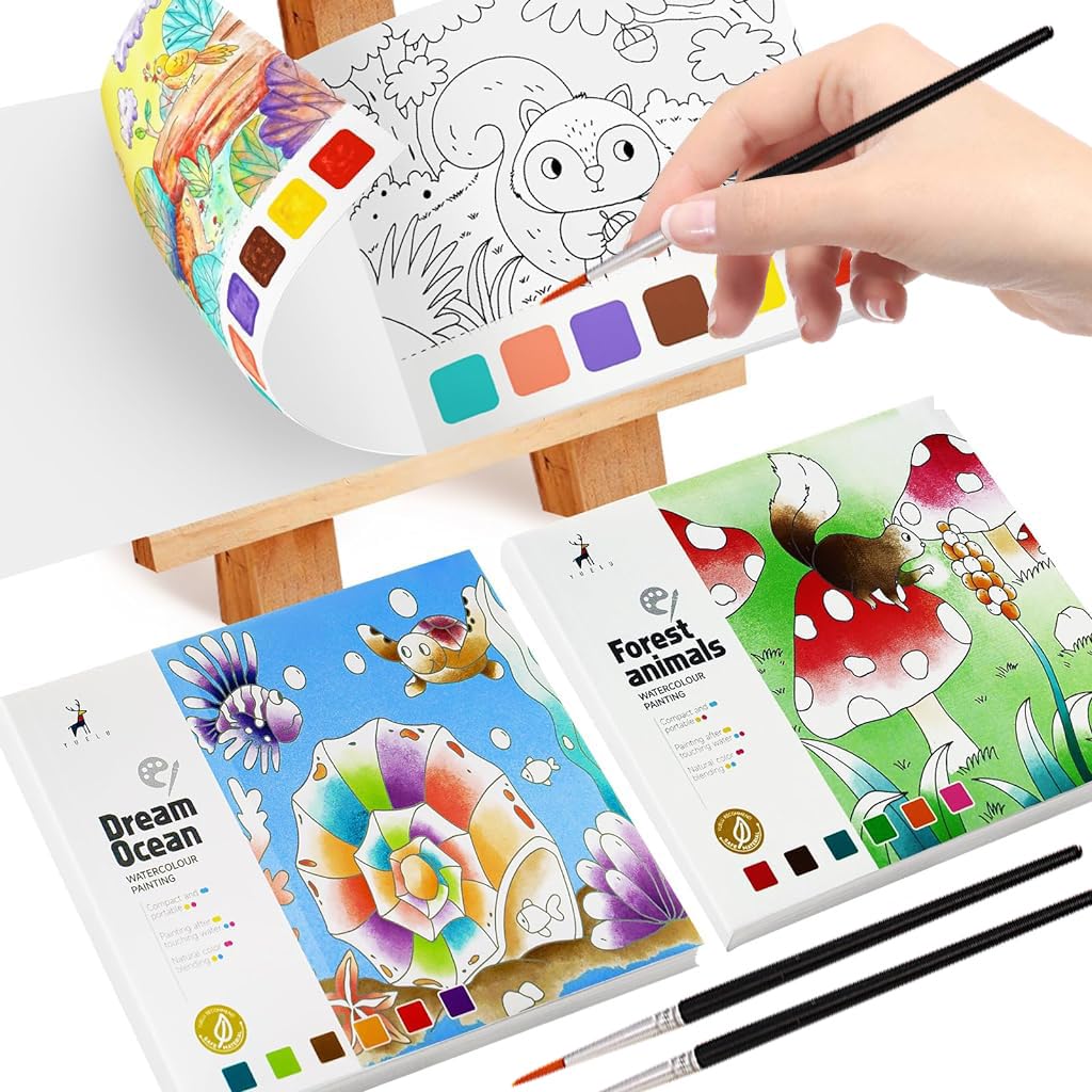 PATPAT® 2Pcs Kids Watercolor Painting Book for Kids Age 3+ Water Painting Book with Paint Brush, Hard Paper Water Colouring Book with Pigments, Water Colour Book for Painting Children's Day Gift