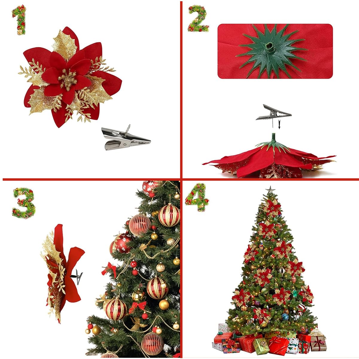 HASTHIP® 12Pcs Christmas Poinsettias 5.5 inches Glittering Artificial Poinsettias 4-Designs Golden and Red Christmas Poinsettias Christmas Poinsettias Flowers Christmas Home Decor