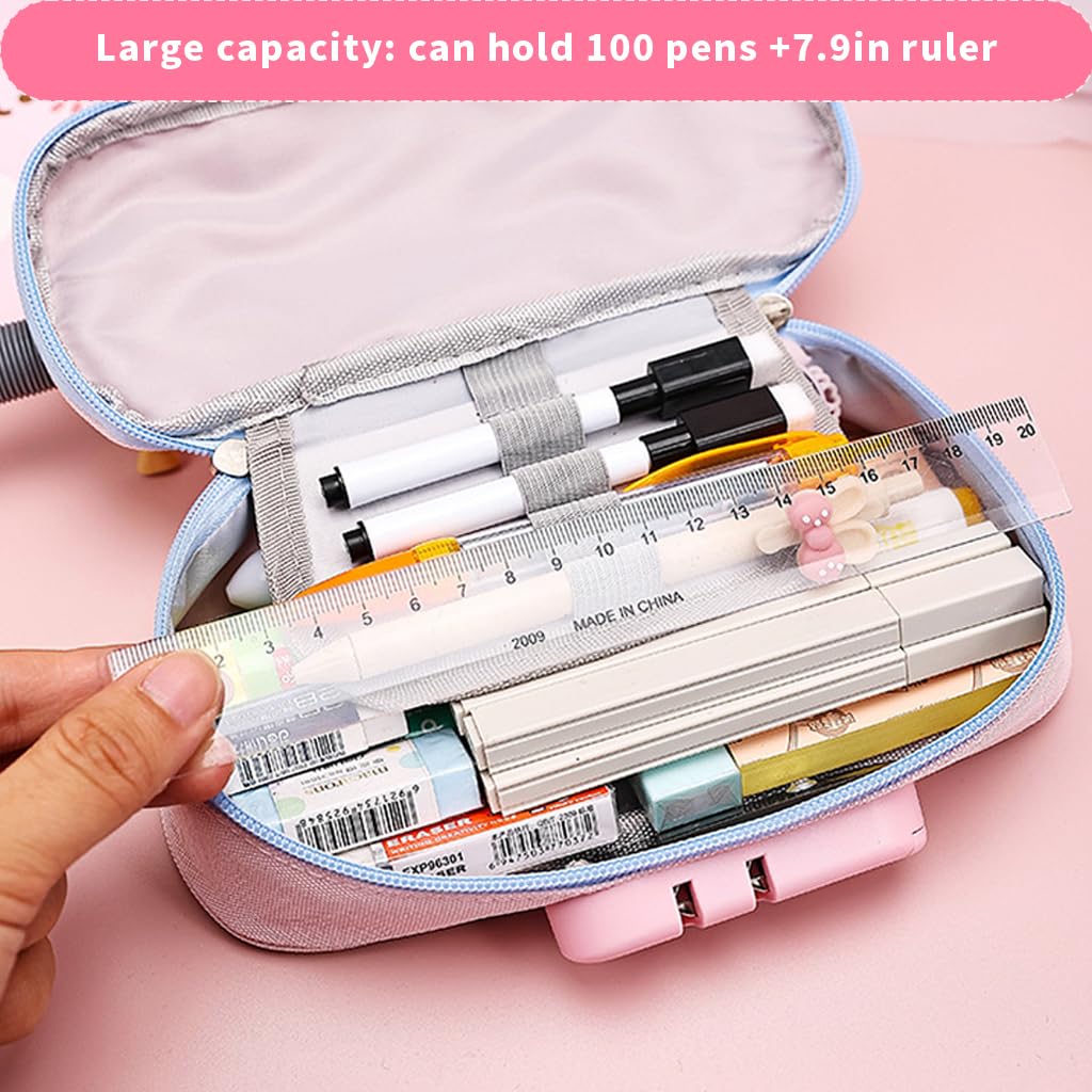 HASTHIP Large Capacity Pencil Case with Combination Lock and Waterproof Pink Oxford Cloth for School | Holds up to 80 Pens