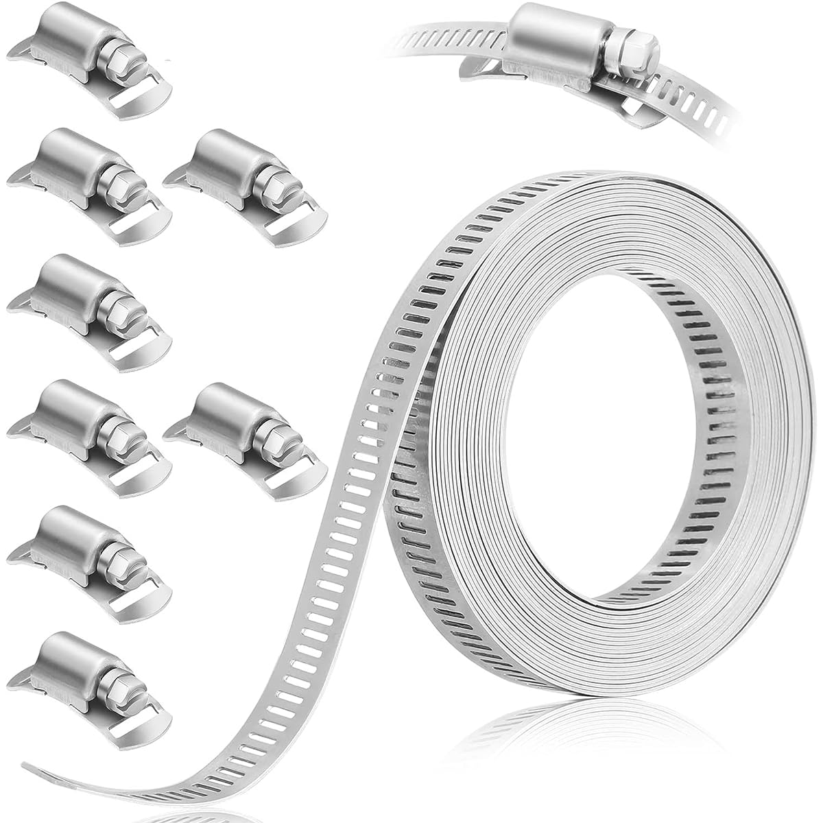 Serplex® 13.3ft Hose Clamp Roll DIY Hose Clamp Roll 304 Stainless Steel Hose Clamp with 8 Fastening Bolts Attachment Cuttable Hose Clamp Hose Clamp Band for Plumbing, Pipe Repairing, DIY