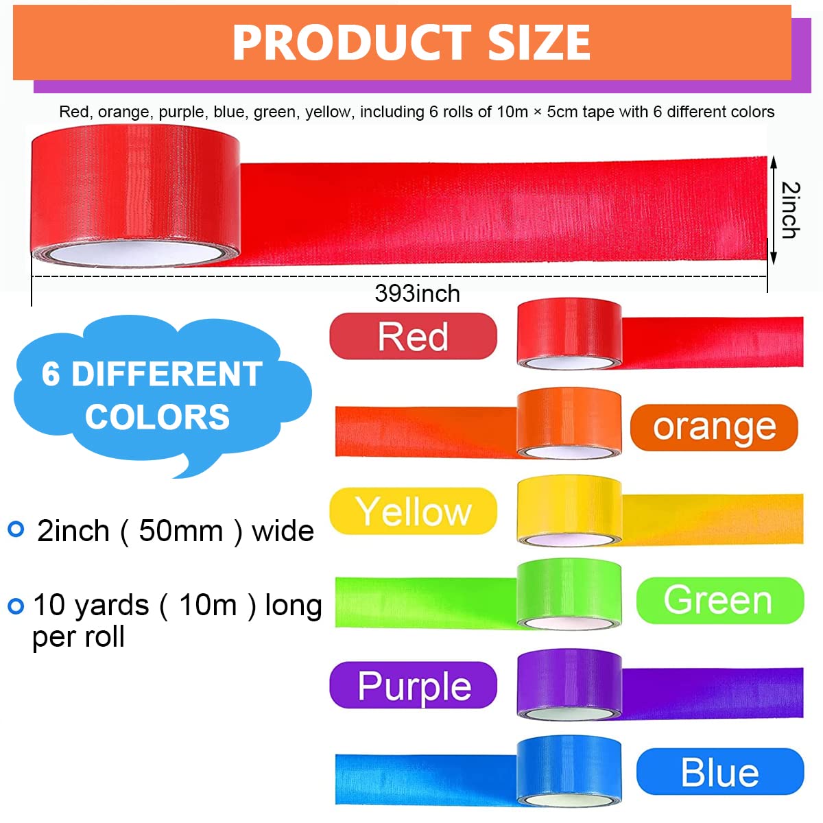 Serplex Duct Tape for Crafts and Repairs with Tear by Hand Design 10m×5cm 6 Rolls Rainbow | Writable Residue-Free Waterproof PE Gauze Composite