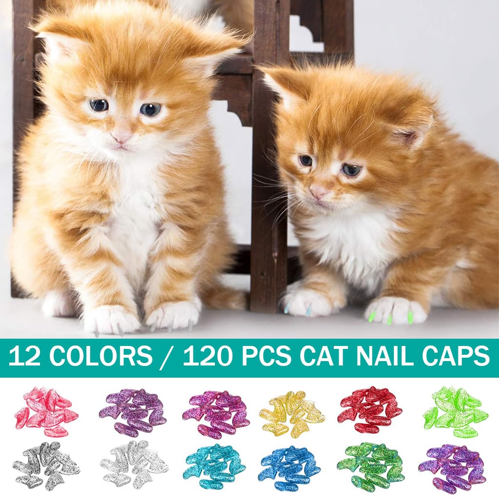 Qpets® Cat Nail Caps, Soft Cat Nail Protector Covers Pet Cat Paws Caps, Anti Scratch Cat Nail Art Pet Claw Care for Cats Dogs - 120Pcs & 12 Colors