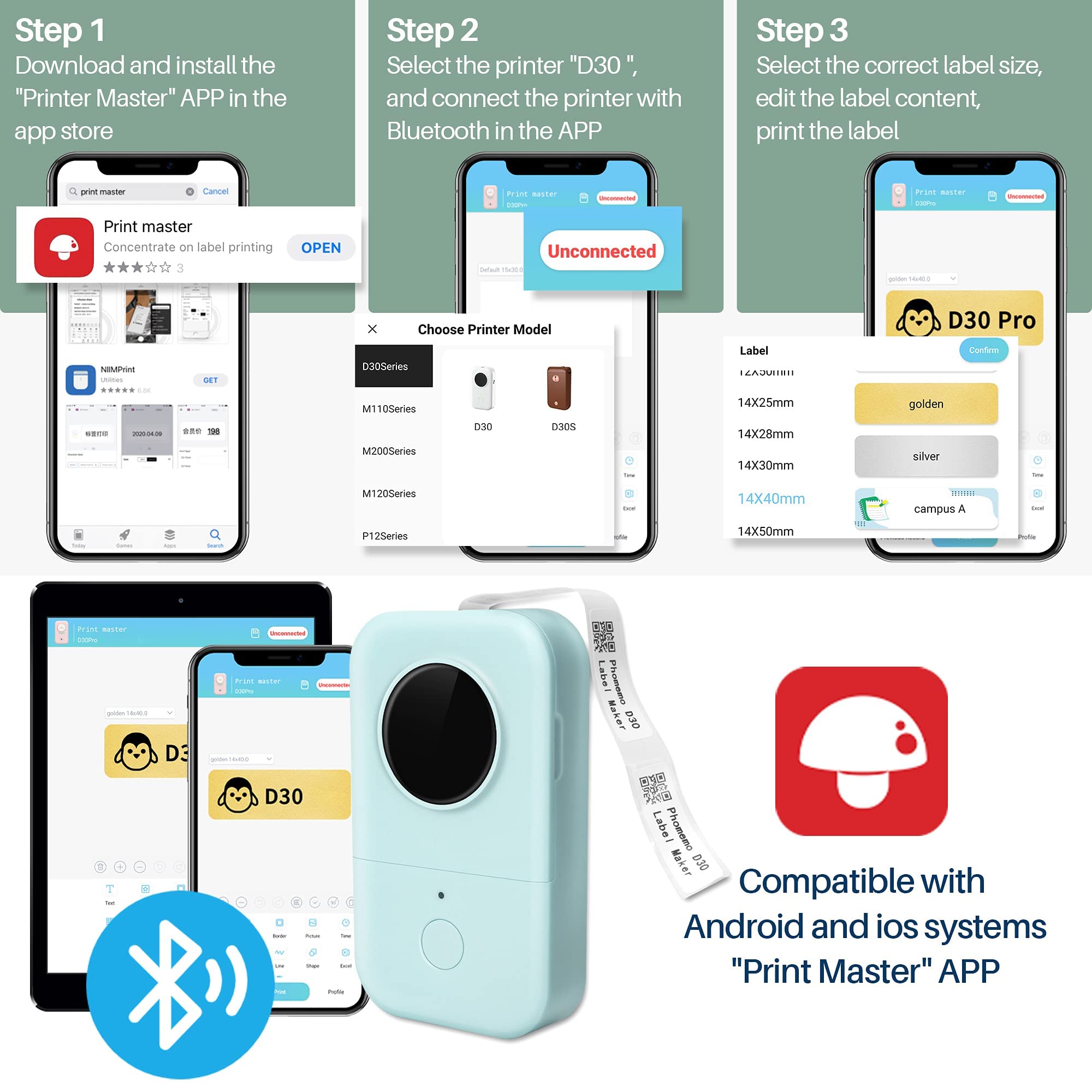 HASTHIP Label Maker Machine for Home and Office with 203dpi Thermal Print and Bluetooth App | Green Portable 1200mAh USB Rechargeable Printer