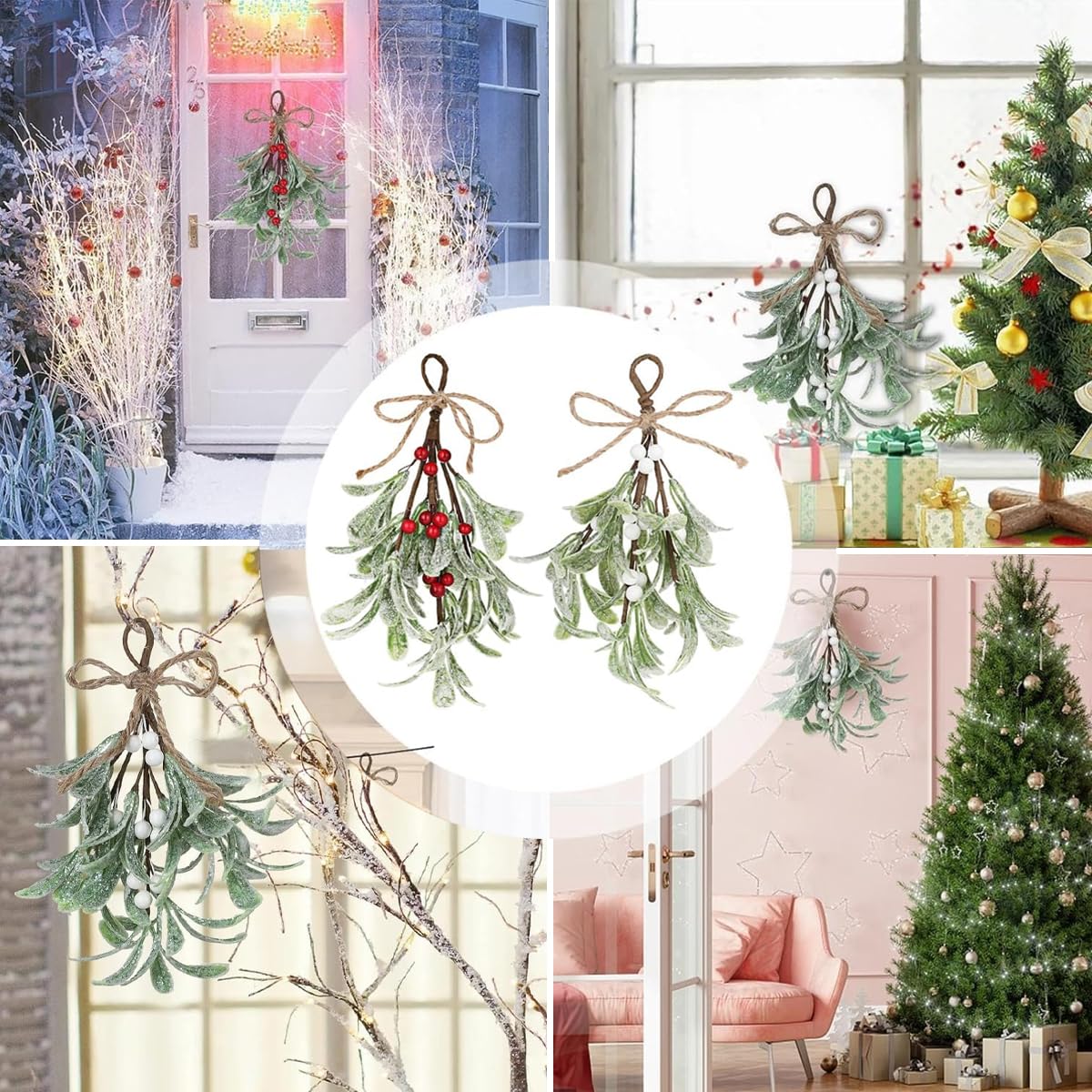 HASTHIP Artificial Christmas Mistletoe for Doors and Walls with Rope Hanging | 2 PCS 9 in Branches with Red and White Berries