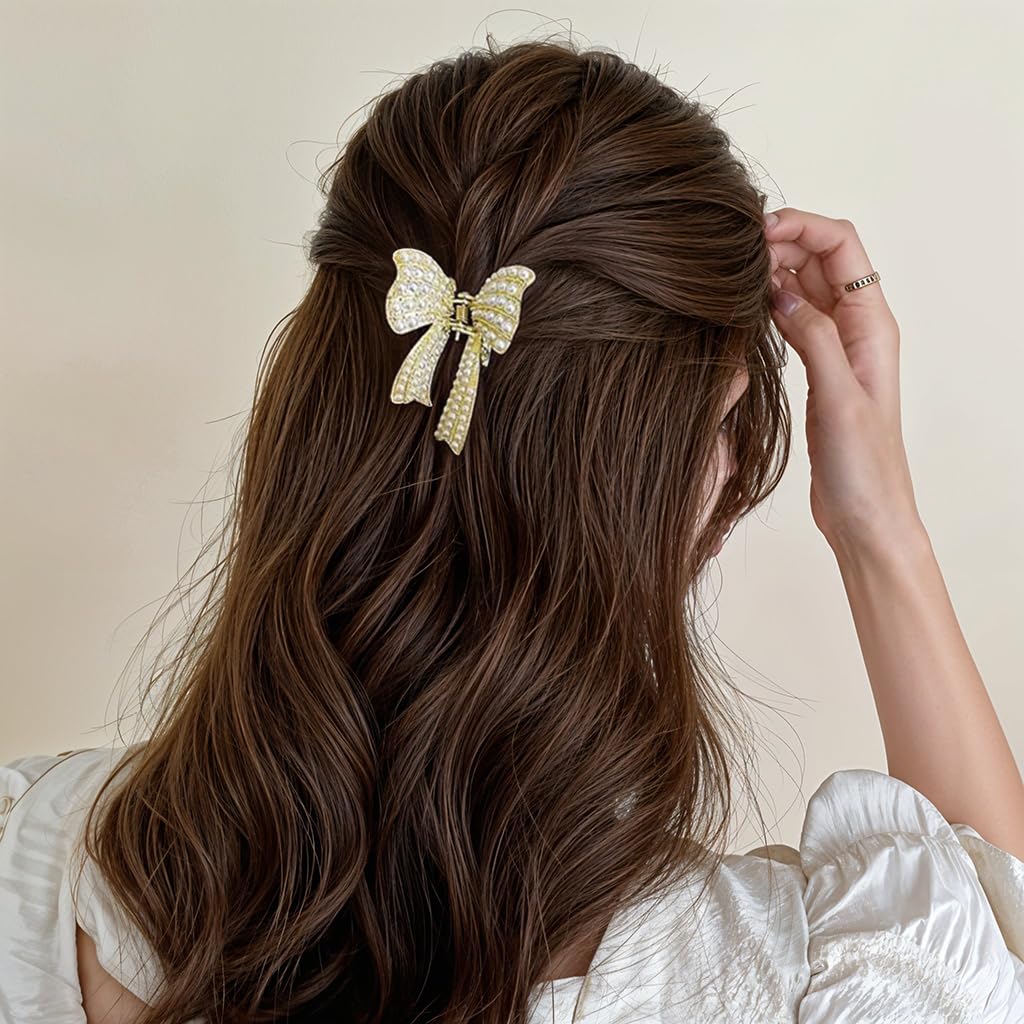 ZIBUYU Small Pearl Bow Hair Clips for Wedding with Golden Alloy Teeth | Non Slip Design