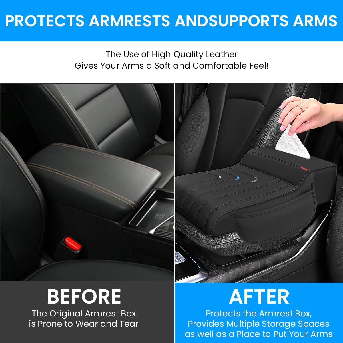 STHIRA Memory Foam Car Armrest Cushion for Enhanced Comfort with Tissue Box & Side Pocket | 33×8×22 cm PU Leather Universal Fit