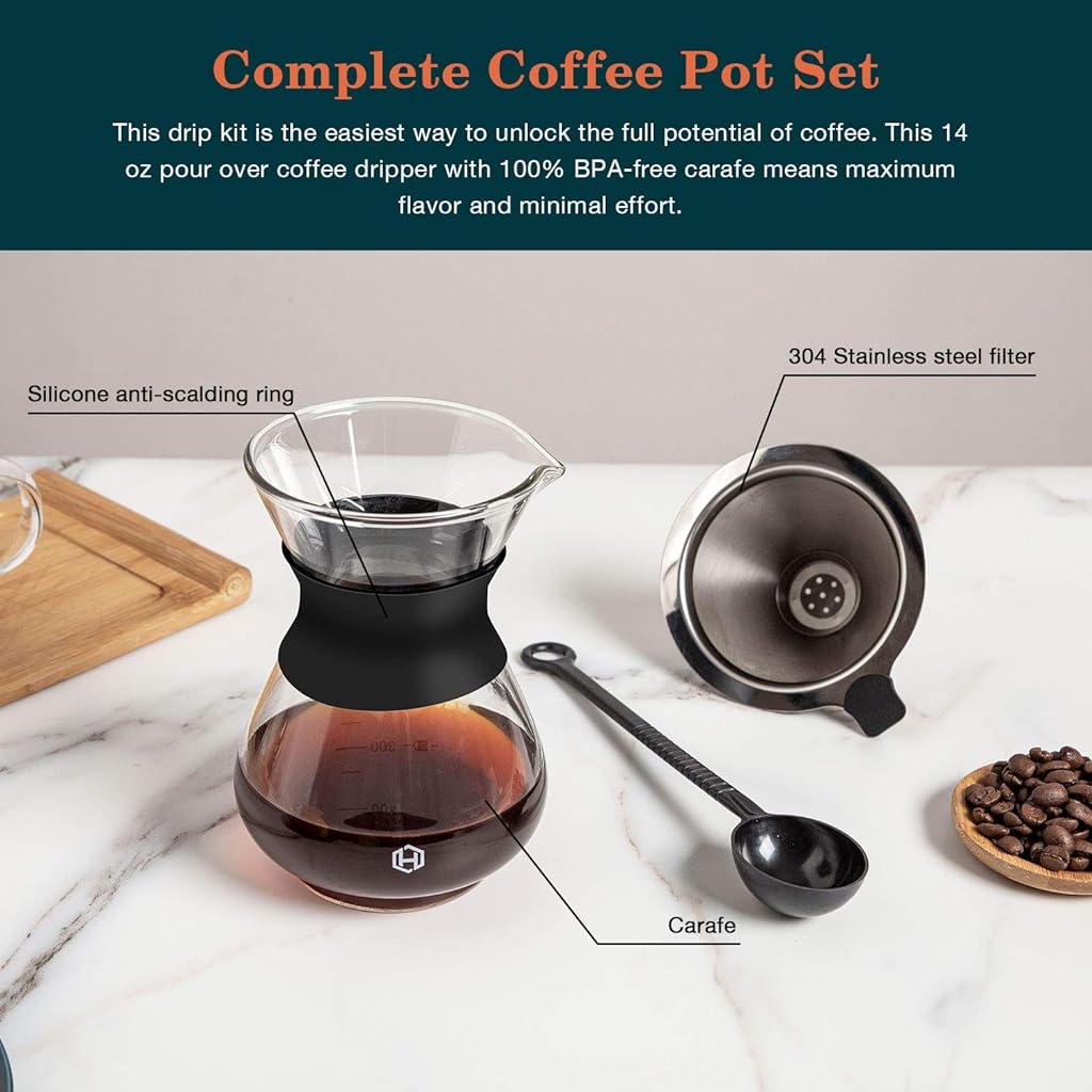 HASTHIP® Pour Over Coffee Maker with Reusable Stainless Steel Coffee Filter, Elegant Coffee Dripper Pot, Glass Carafe Coffee Maker Set for Home or Office - 400ML