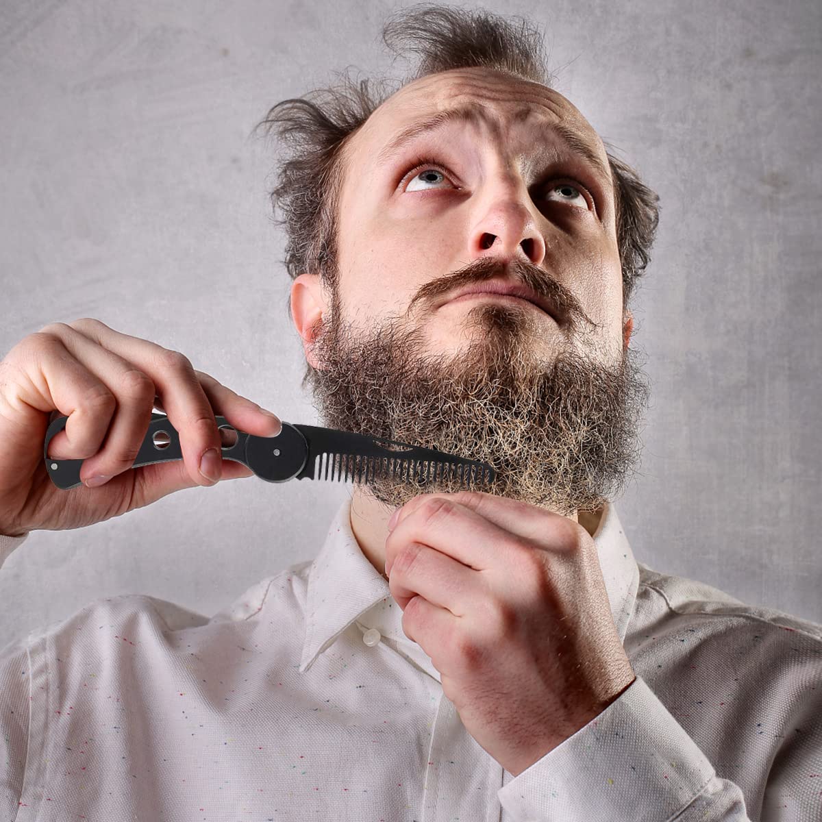 MAYCREATE Beard Comb for Men with Folding Bottle Opener and Leather Sleeve | Stainless Steel Grooming Tool