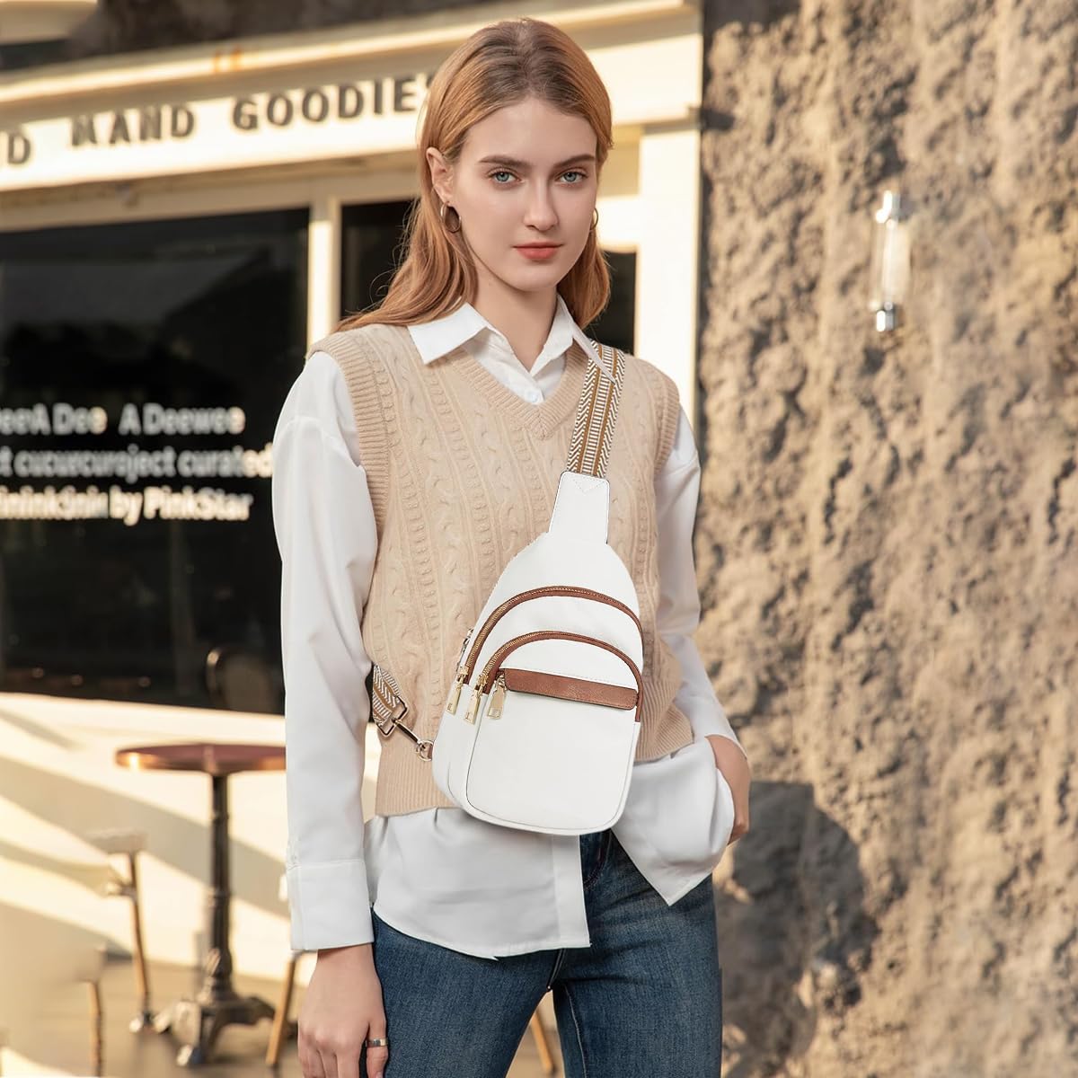PALAY Fashion PU Chest Bag for Women Chic Triple Layer Zipper Chest Bag with Nylon Webbing Print Strap Design Casual Sling Bag Crossbody Bag Multipurpose Chest Bag for Office, Hiking, Travel