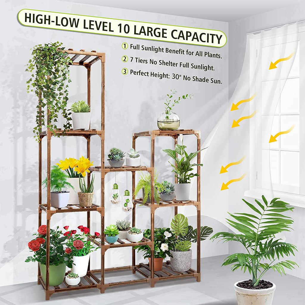 HASTHIP 4 Tier Plant Stand for Balcony and Indoor with 9 Pot Spaces and Off Ground Design | Solid Wooden Rack for Living Room Patio Garden