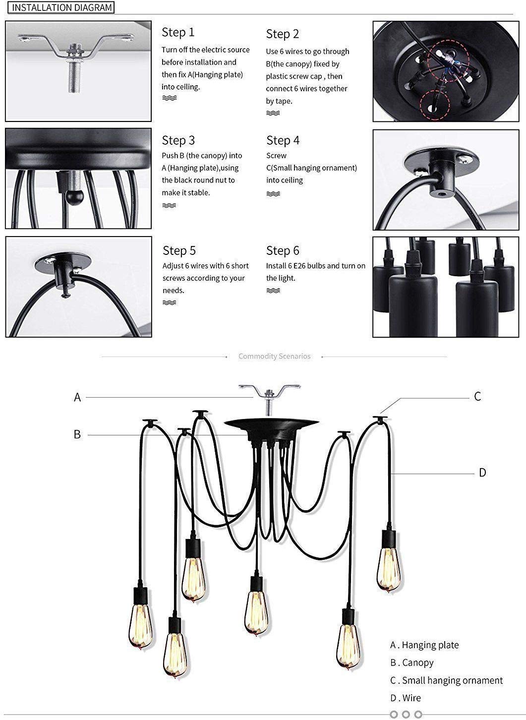 ELEPHANTBOAT Hanging Lights for Living Room with 8 Light Heads and Adjustable 2m Cables | Metal Ceiling Fixture for Bedroom and Dining Table