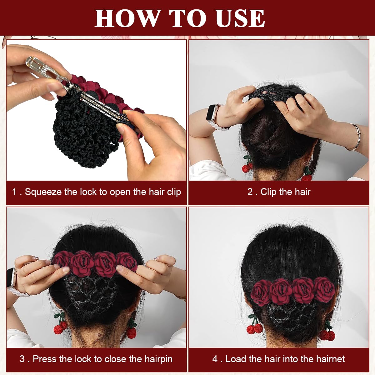 MAYCREATE Hair Bun Accessories for Women with Alloy Spring Clip Net | 2 PCS Rose Design