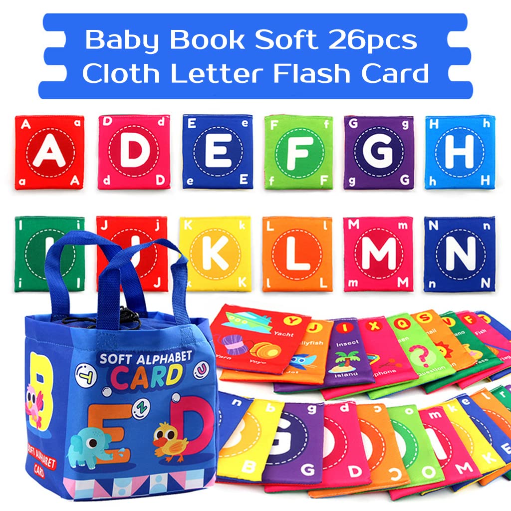 ELEPHANTBOAT® 26Pcs Washable Non-Toxic Double Side Soft English Alphabet Flash Cards Cloth Books Early Learning Bath Toys with Storage Bag for New Born Baby & 6-12 Months Toodler