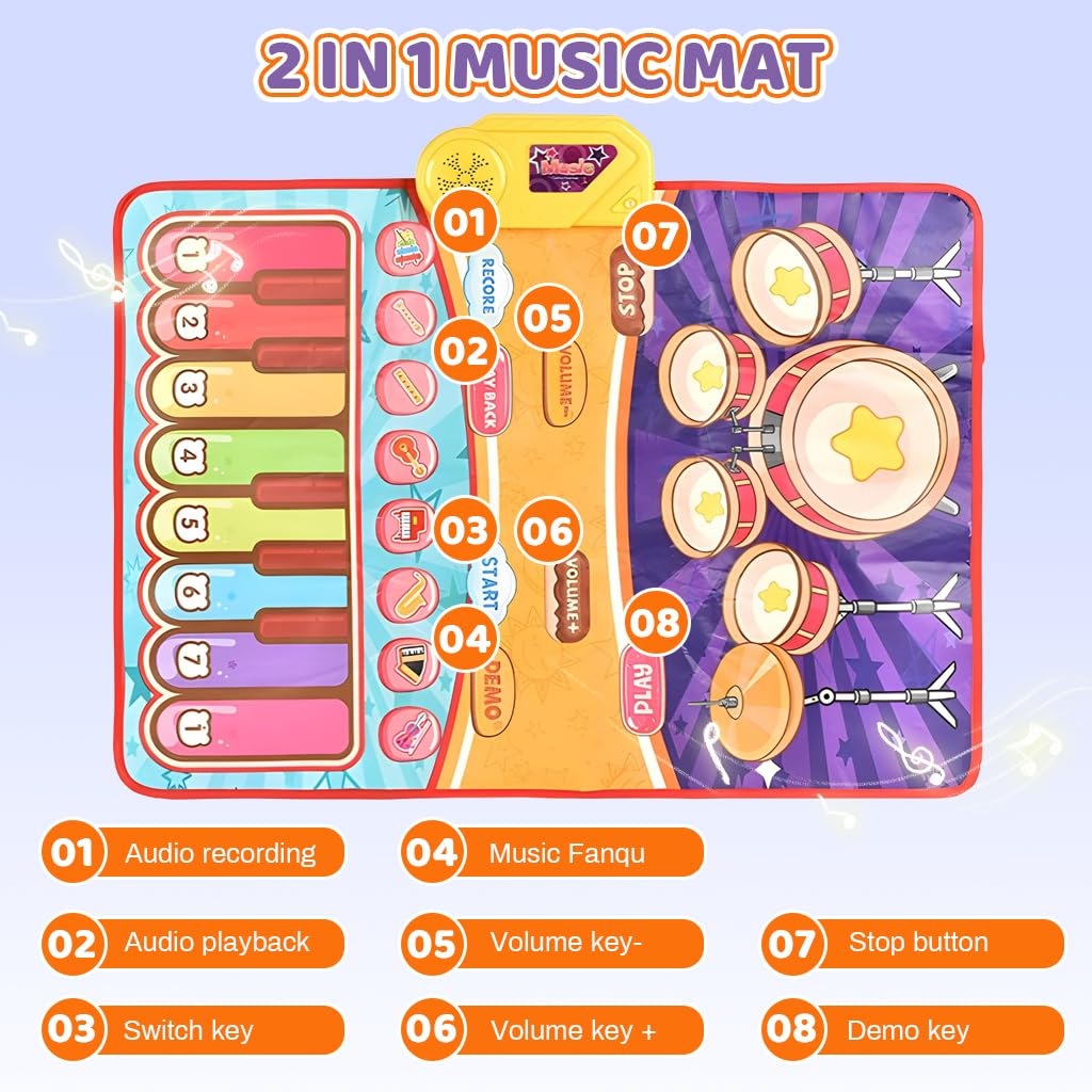 PATPAT Piano Mat for Kids 36 x 24 Dual Row Keyboard with 16 Keys & 8 Sounds | Blue Musical Toy